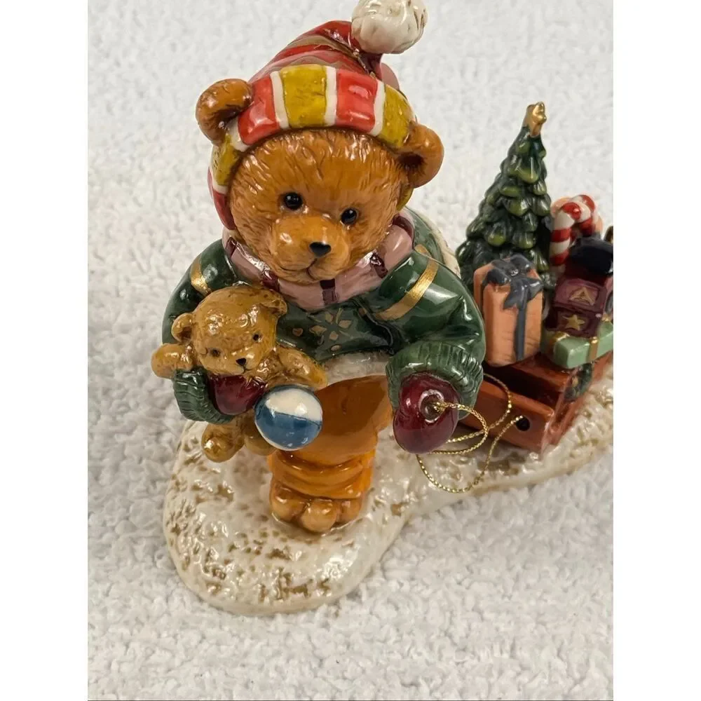 Christmas Teddy Bear Pulling Sled Porcelain Figure